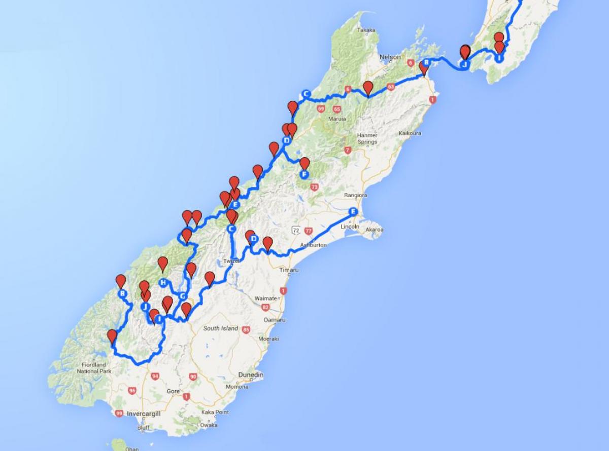خريطة جنوب جزيرة نيوزيلندا