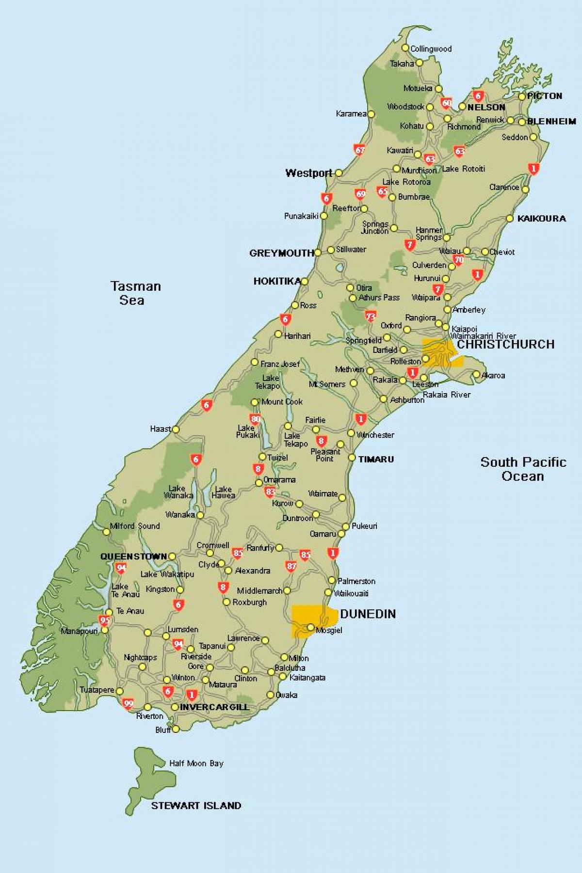 نيوزيلندا خريطة جنوب الجزيرة خارطة الطريق